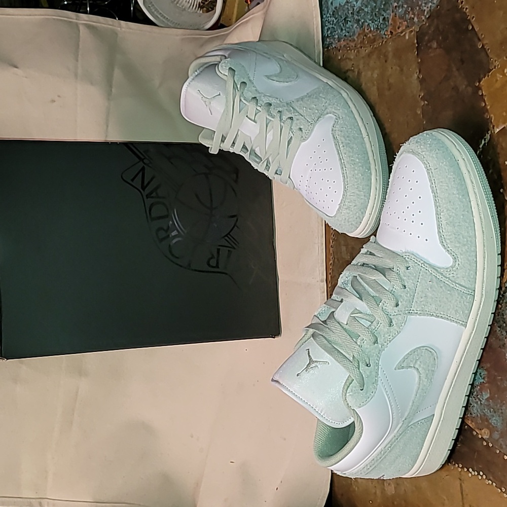 Jordan 1 Low SE. White and Seafoam suede.  Worn once. OG Box. Men's 13